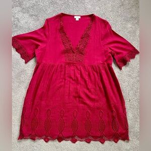 Sundance Boho Dress Burgundy Womens PXL Cotton Peasant Prairie Festival